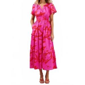 NEW MINT jolene palmer poplin tiered maxi dress in fuchsia red multi